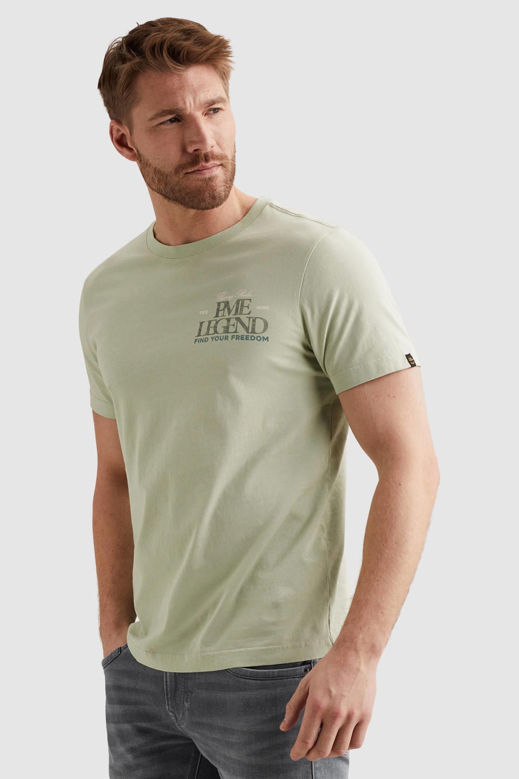 Lichtgroene heren PME Legend regular T-shirt van katoen met printopdruk, korte mouwen en ronde hals