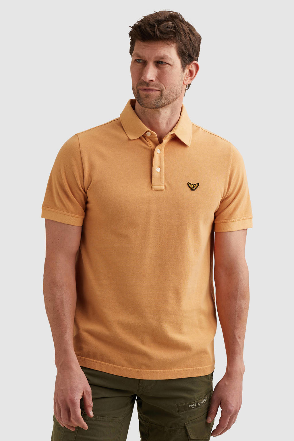 Gele heren PME Legend regular polo van katoen met effen, korte mouwen, knoopsluiting en geribde boorden