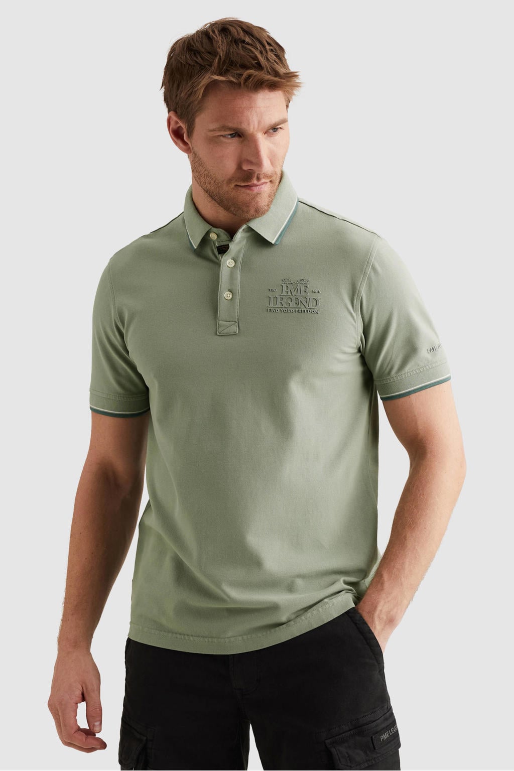 Groene heren PME Legend regular polo van katoen met logo dessin, korte mouwen, knoopsluiting en geribde boorden