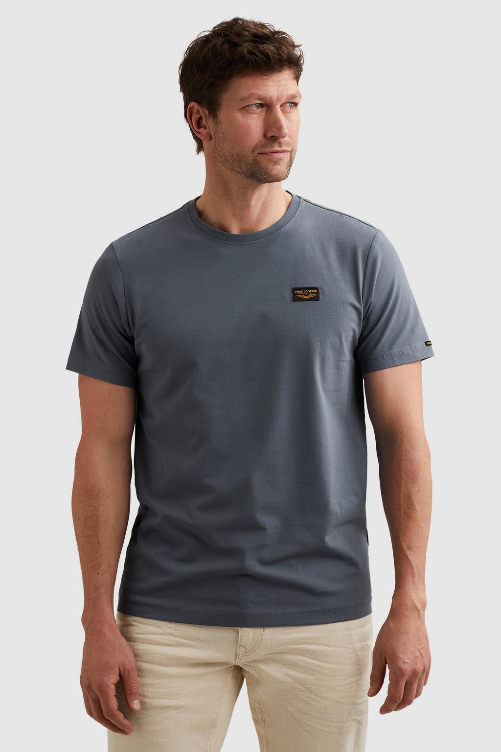 Grijsblauwe heren PME Legend regular T-shirt blauw van katoen met effen, korte mouwen en ronde hals