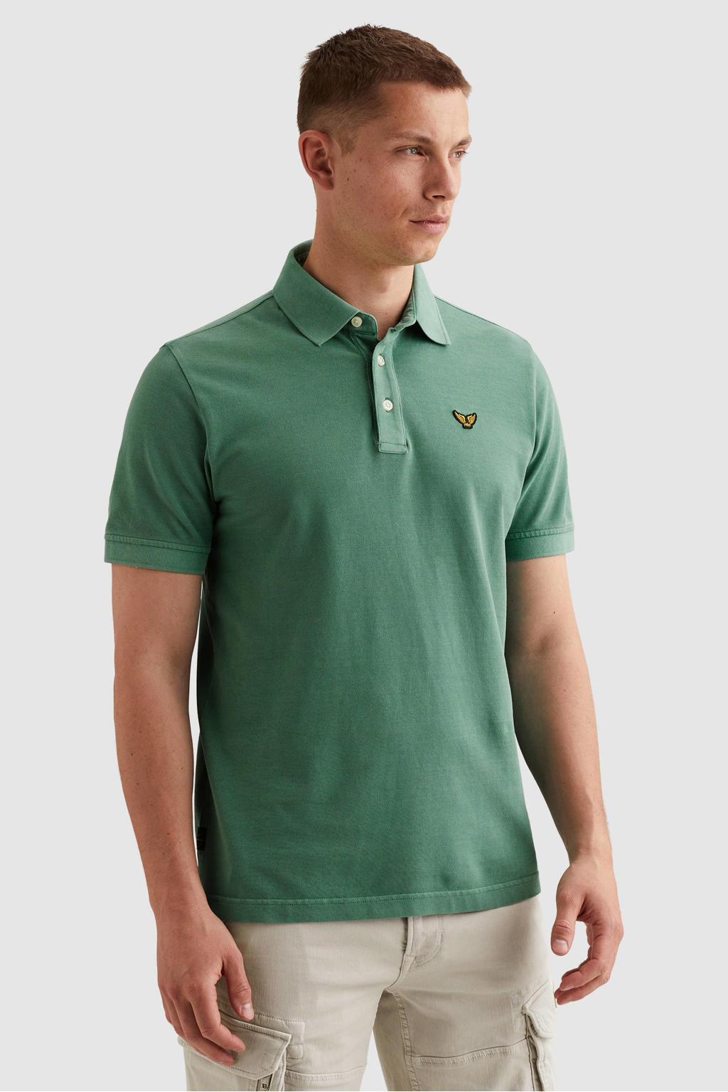 Groene heren PME Legend regular polo van katoen met logo dessin, korte mouwen, knoopsluiting en geribde boorden