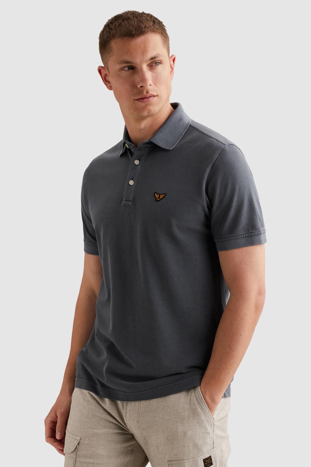 Grijsblauwe heren PME Legend regular polo blauw van katoen met effen, korte mouwen, knoopsluiting en geribde boorden
