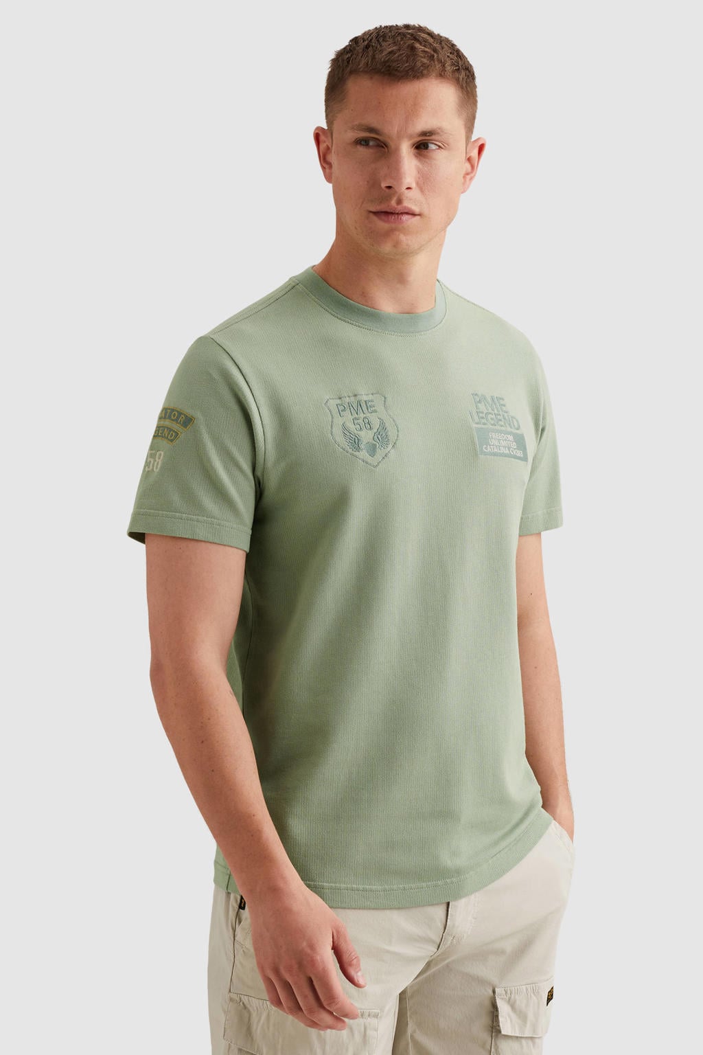 Groene heren PME Legend regular T-shirt van katoen met logo dessin, korte mouwen, ronde hals en patches