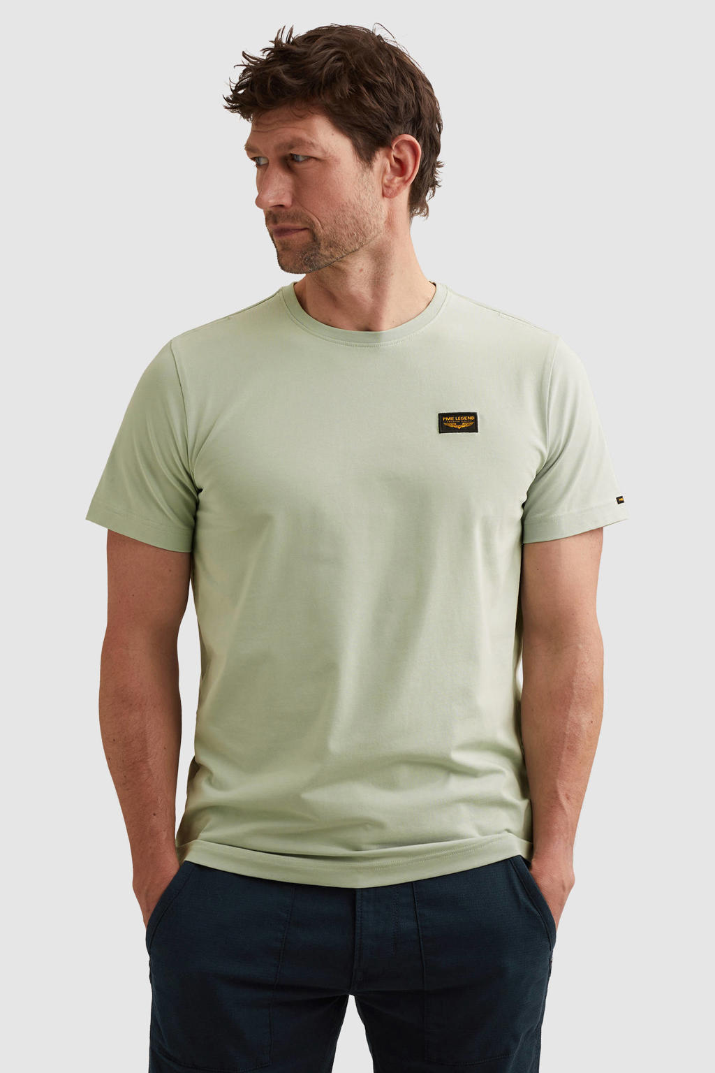 Lichtgroene heren PME Legend regular T-shirt van katoen met effen, korte mouwen en ronde hals