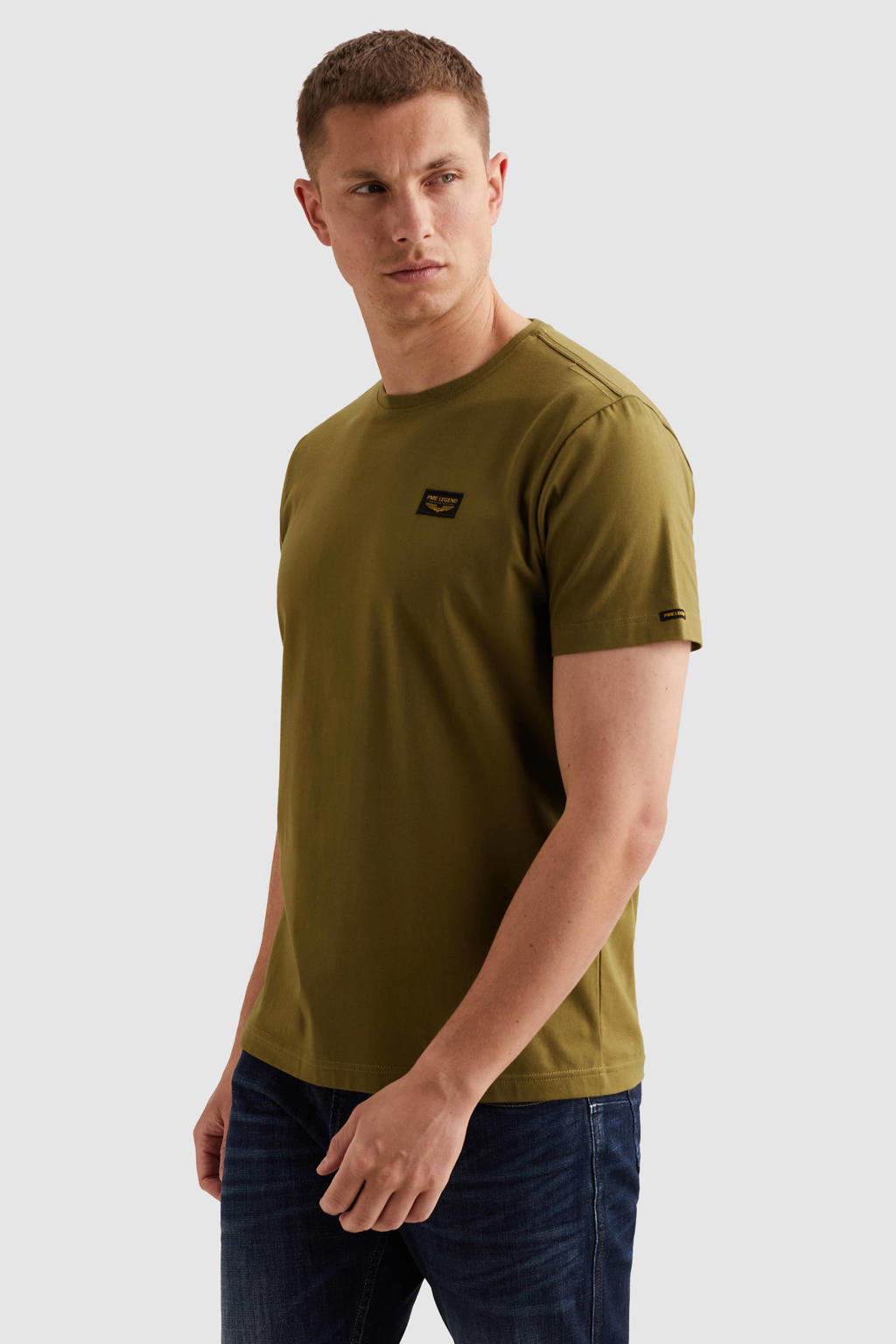 Groene heren PME Legend regular fit T-shirt van katoen met effen, korte mouwen en ronde hals