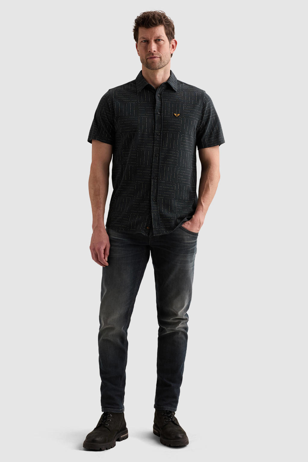 Antraciete heren PME Legend regular casual overhemd van katoen met korte mouwen, klassieke kraag en knoopsluiting