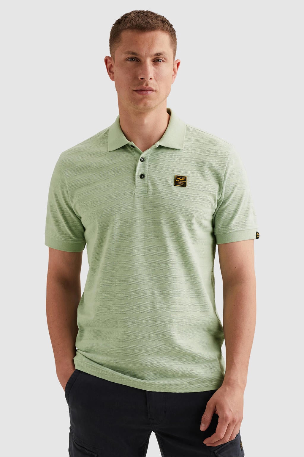 Groene heren PME Legend regular polo van katoen met effen, korte mouwen, knoopsluiting en geribde boorden