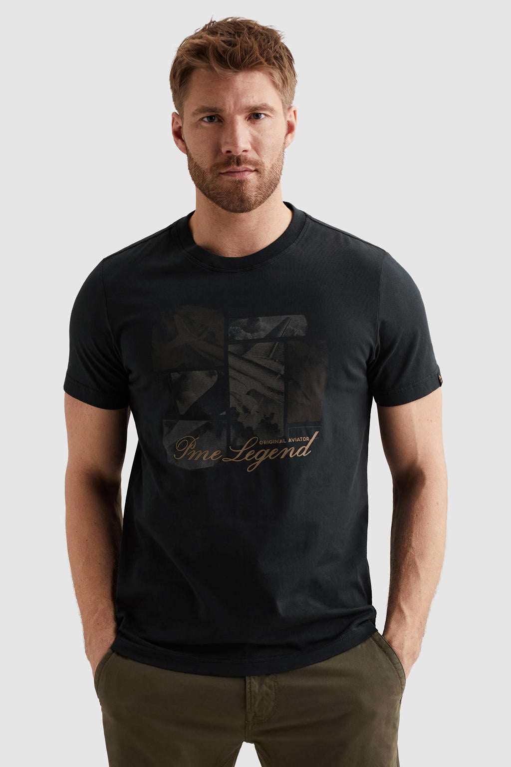 Grijze heren PME Legend regular T-shirt van katoen met printopdruk, korte mouwen en ronde hals