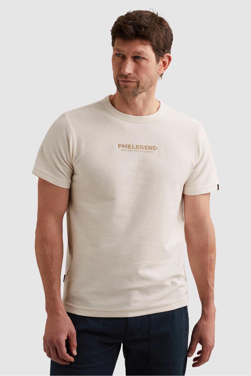Ecru heren PME Legend regular T-shirt van katoen met backprint, korte mouwen en ronde hals