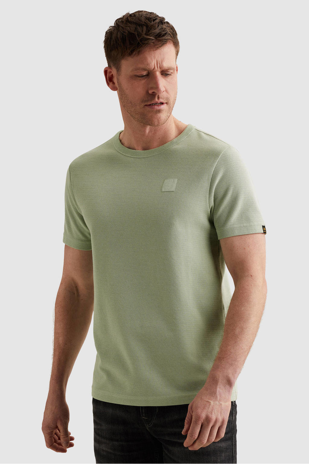 Lichtgroene heren PME Legend regular T-shirt fijn gebreid van katoen met effen, korte mouwen en ronde hals