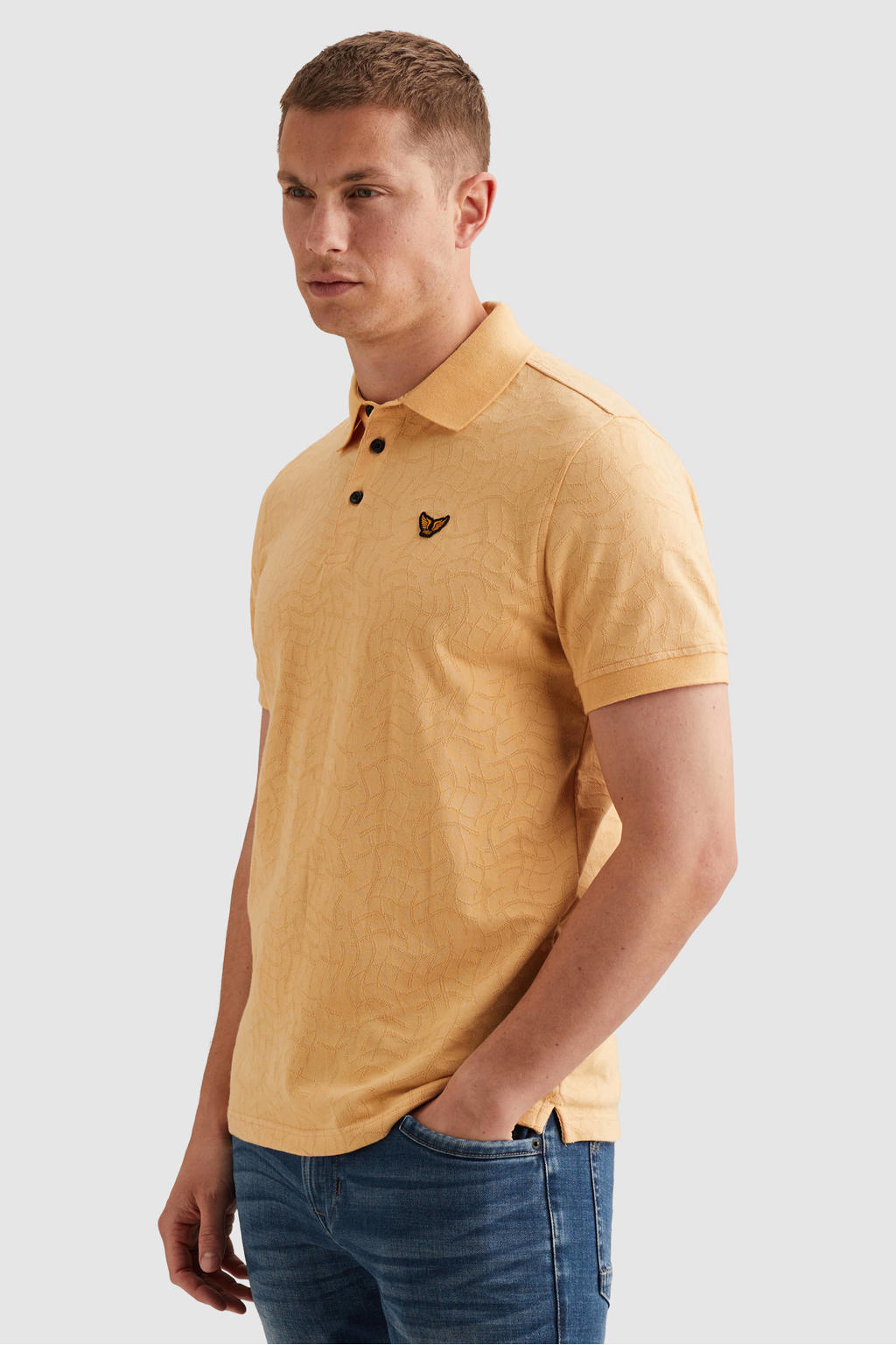 Gele heren PME Legend regular polo van katoen met effen, korte mouwen, knoopsluiting en geribde boorden