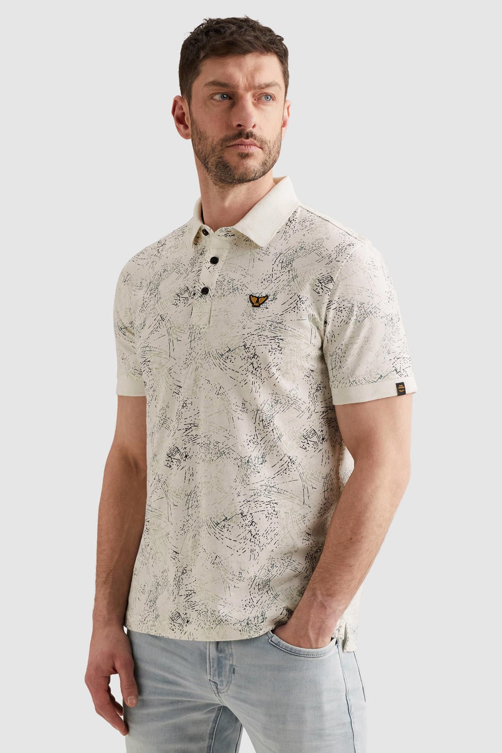 Ecru heren PME Legend regular polo van katoen met korte mouwen, knoopsluiting en geribde boorden