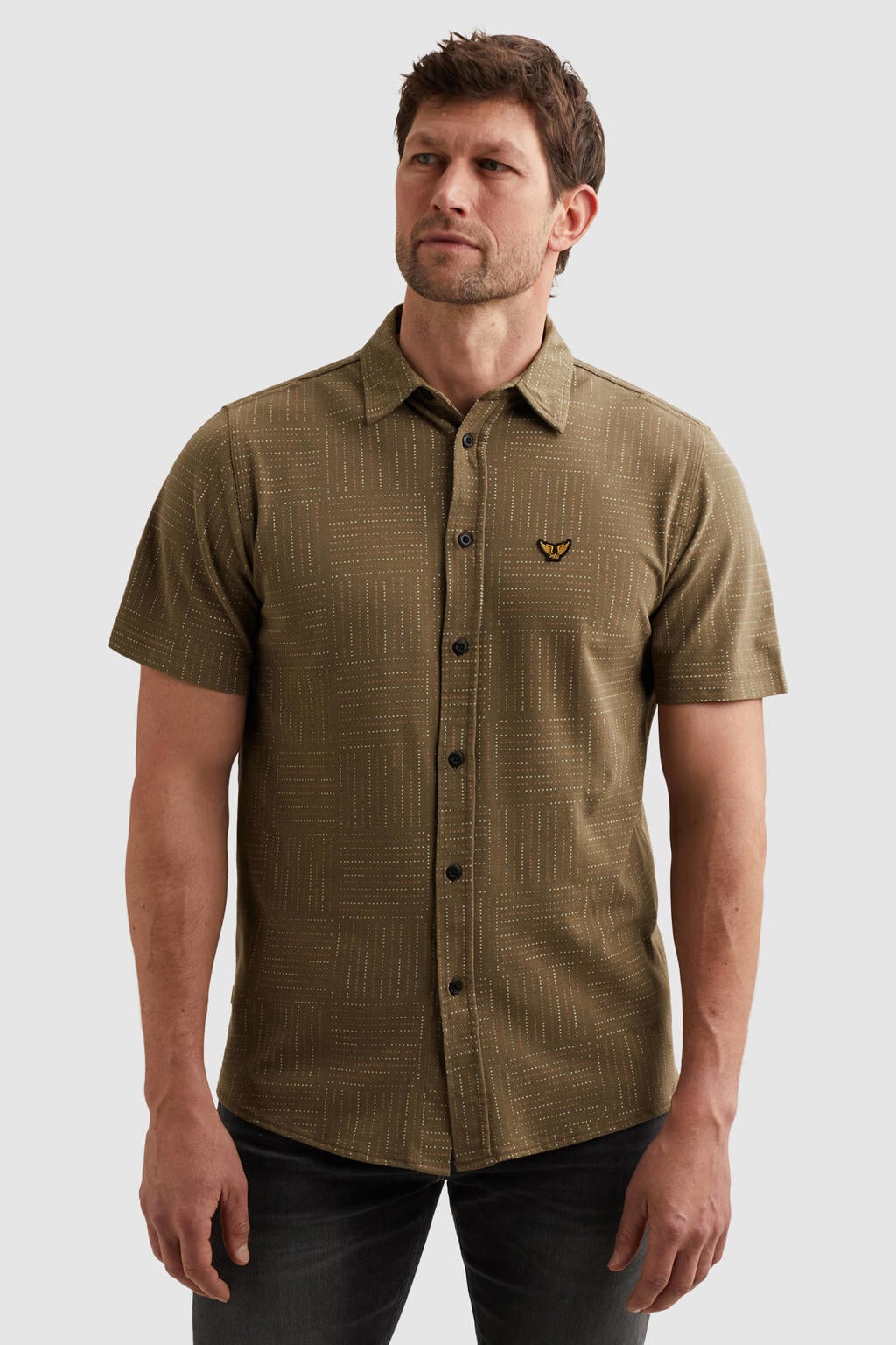 Groene heren PME Legend regular casual overhemd van katoen met korte mouwen, klassieke kraag en knoopsluiting