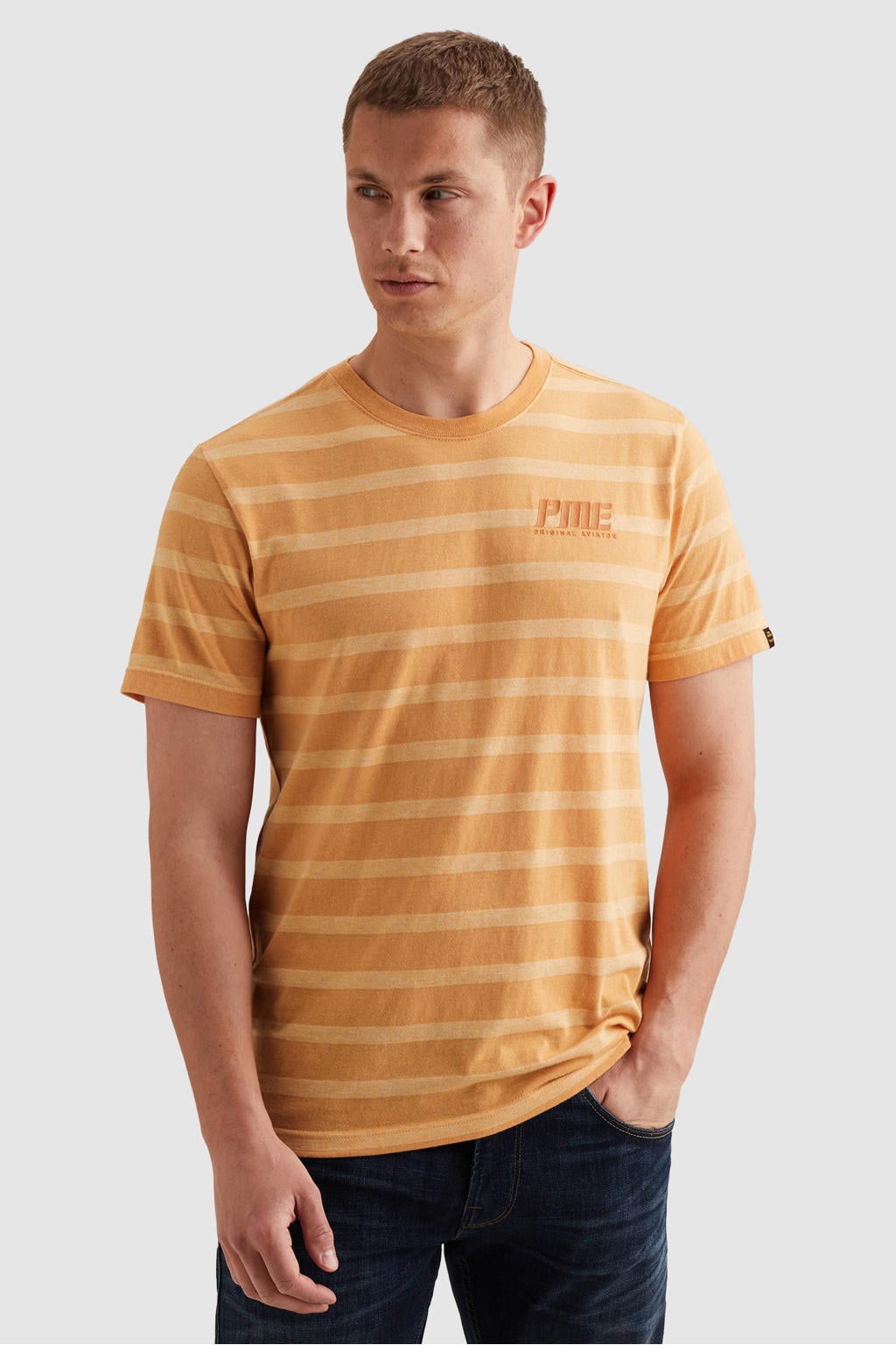Gele heren PME Legend regular gestreept T-shirt van katoen met korte mouwen en ronde hals
