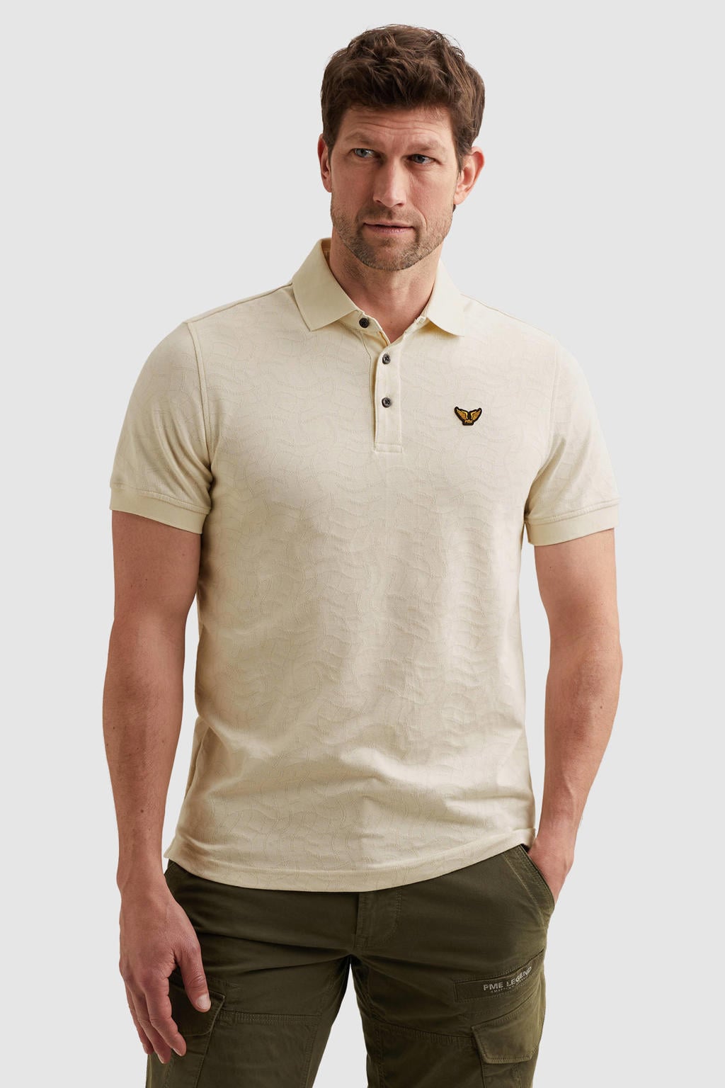 Ecru heren PME Legend regular polo van katoen met effen, korte mouwen, knoopsluiting en geribde boorden