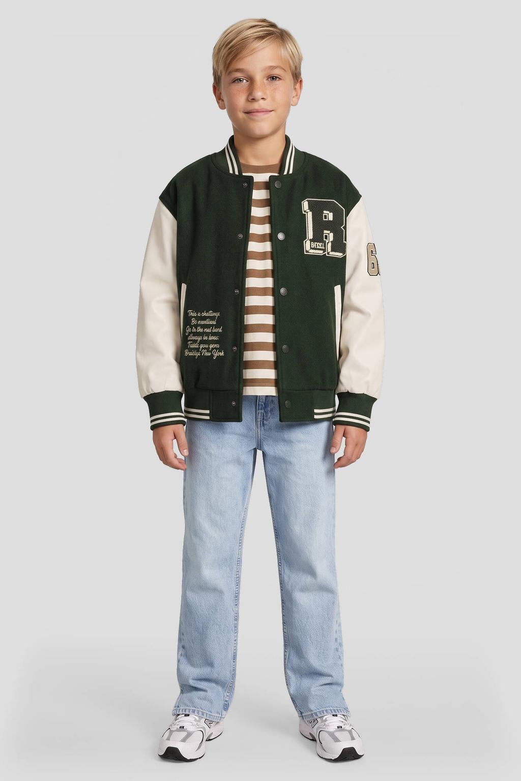 Donkergroen en ecru jongens Me & My Monkey baseball jacket van polyester met meerkleurige print, lange mouwen, ronde hals en knoopsluiting