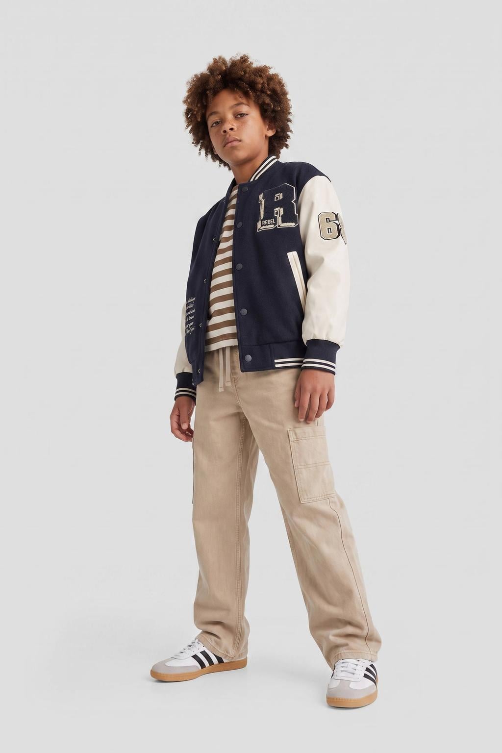 Donkerblauw en witte jongens Me & My Monkey baseball jacket van polyester met meerkleurige print, lange mouwen, ronde hals en knoopsluiting
