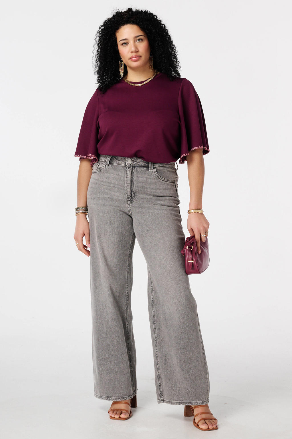 Aubergine dames MS Mode top van viscose met effen en korte mouwen
