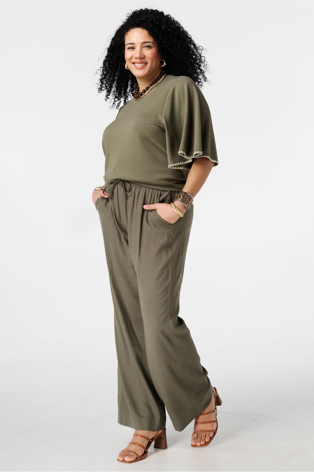 Kakikleurige dames MS Mode top van viscose met effen en korte mouwen