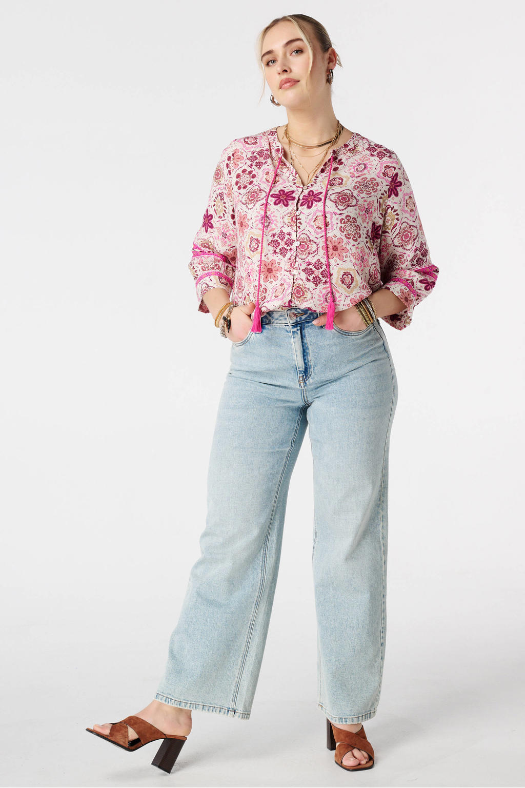 Roze en ecru dames MS Mode gebloemde blouse van viscose met driekwart mouwen, klassieke kraag en knoopsluiting