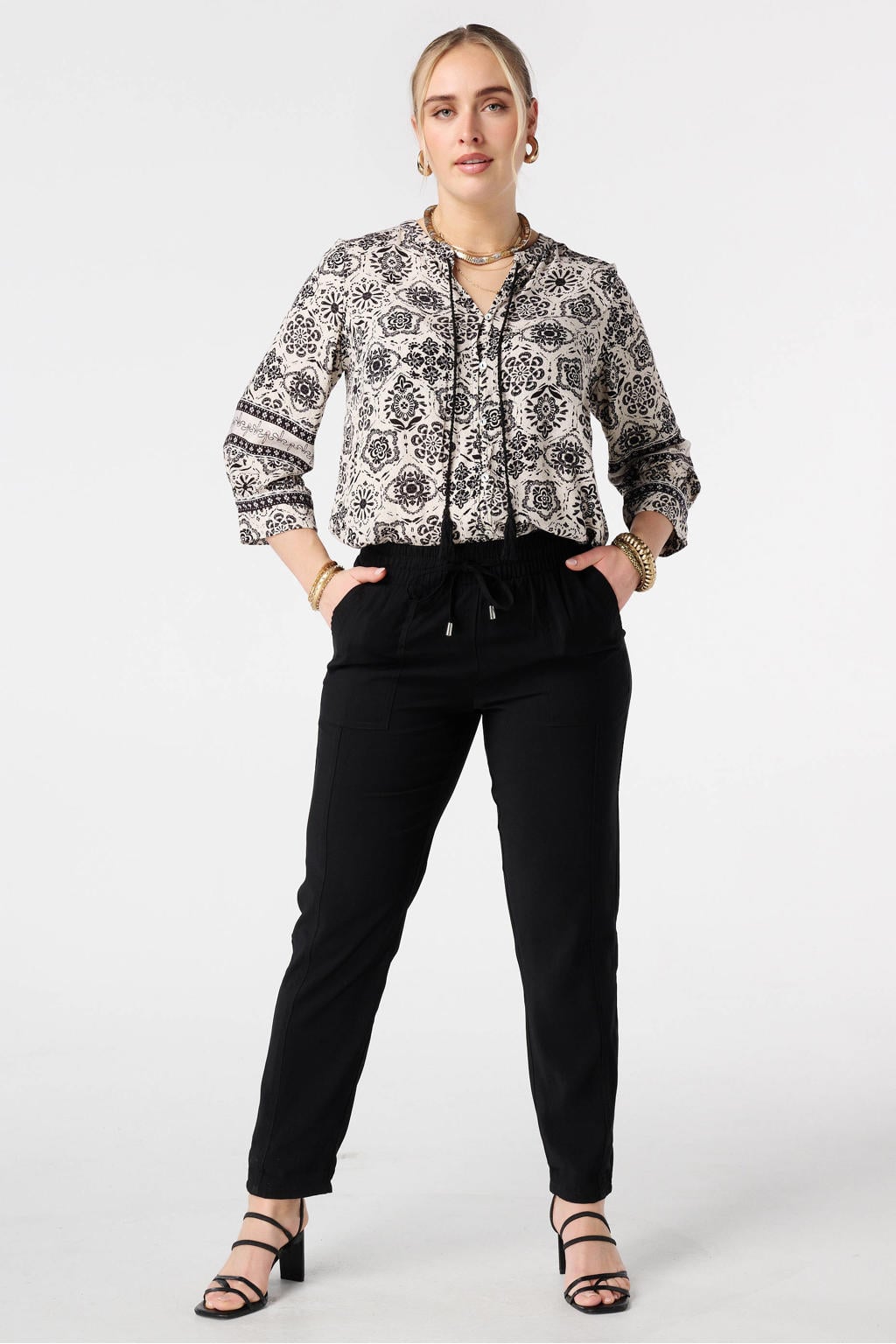 Zwarte dames MS Mode tapered high waist broek van viscose met elastische tailleband met koord en effen