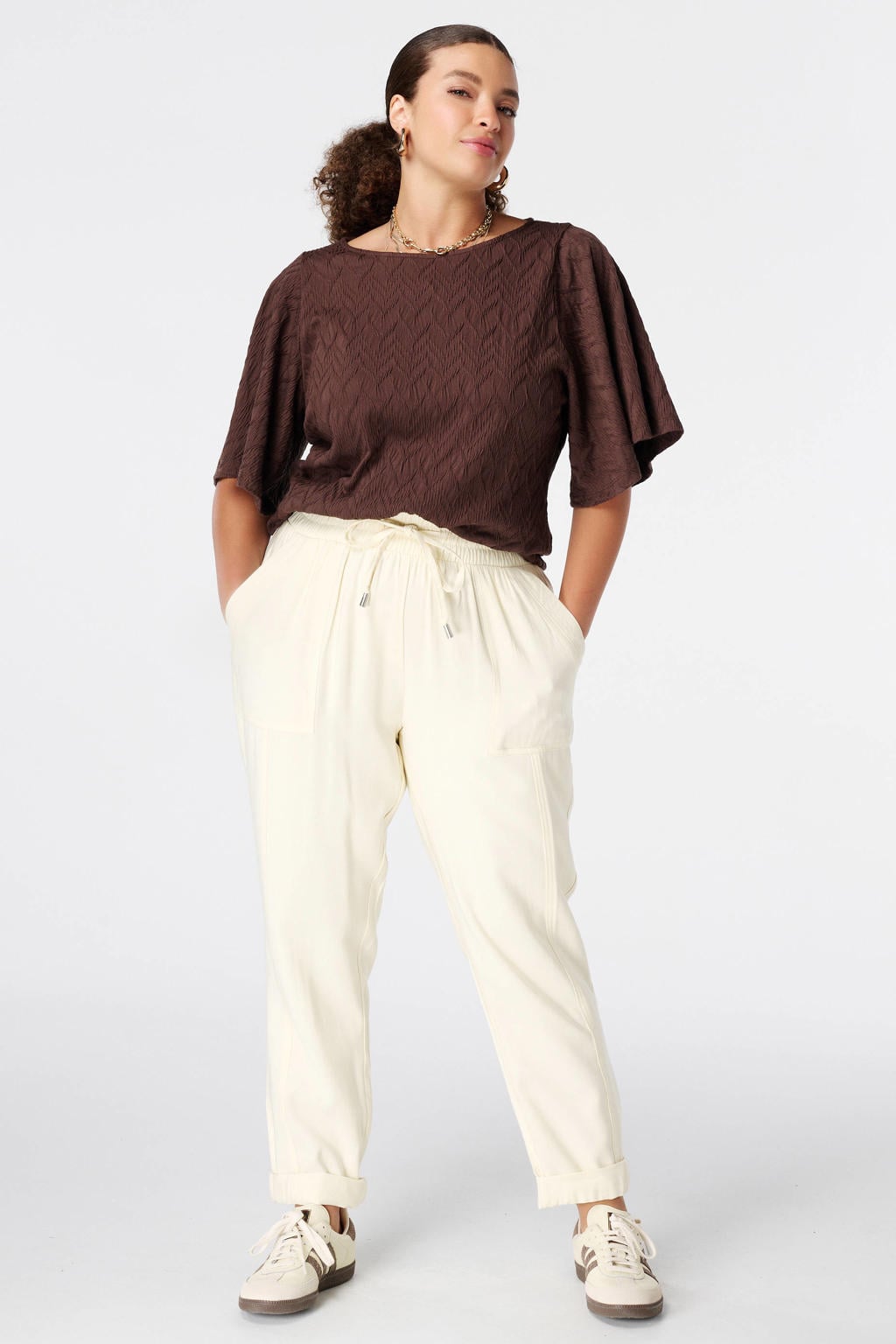 Lichtgele dames MS Mode tapered high waist broek van viscose met elastische tailleband met koord en effen
