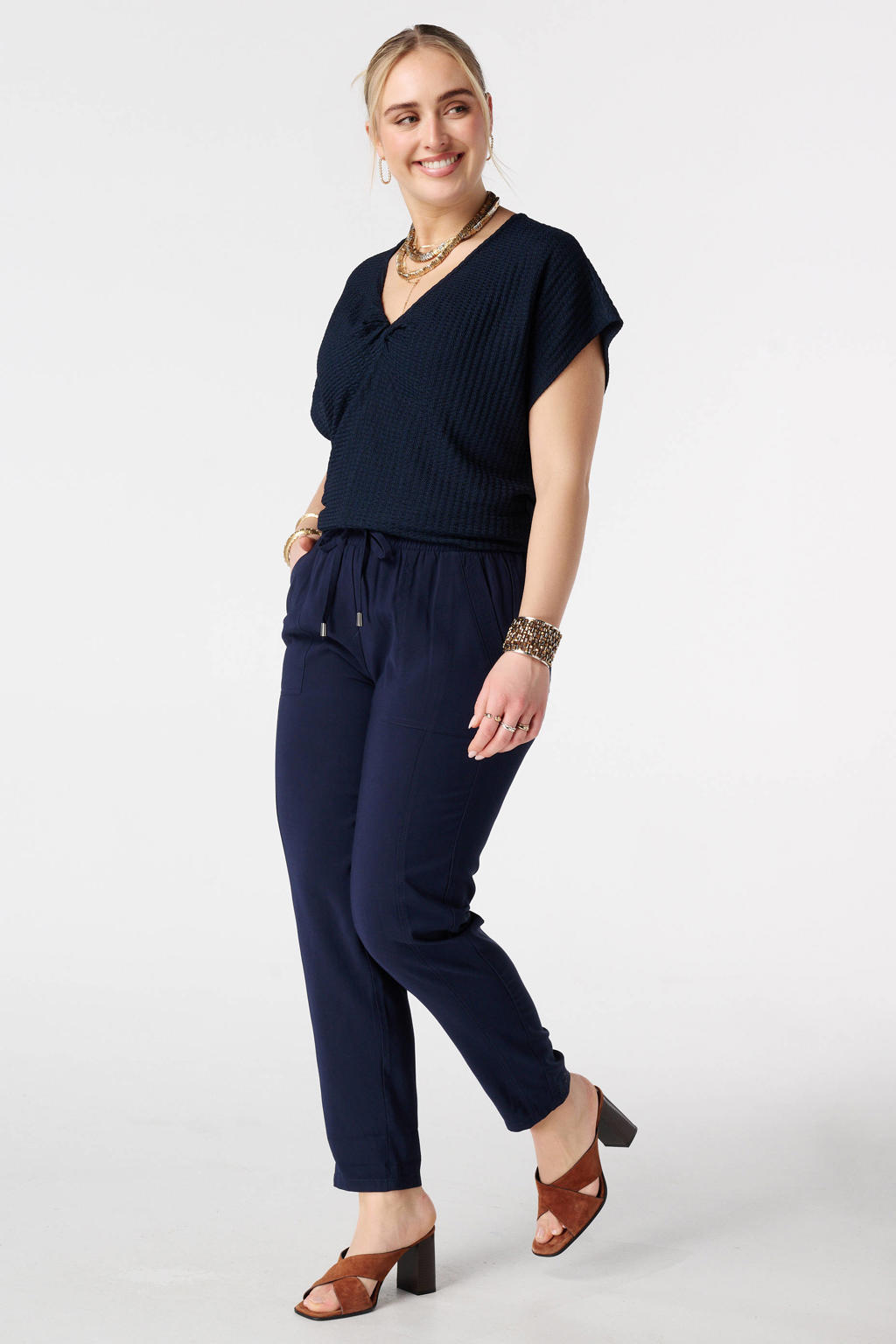 Donkerblauwe dames MS Mode tapered high waist broek van viscose met elastische tailleband met koord en effen