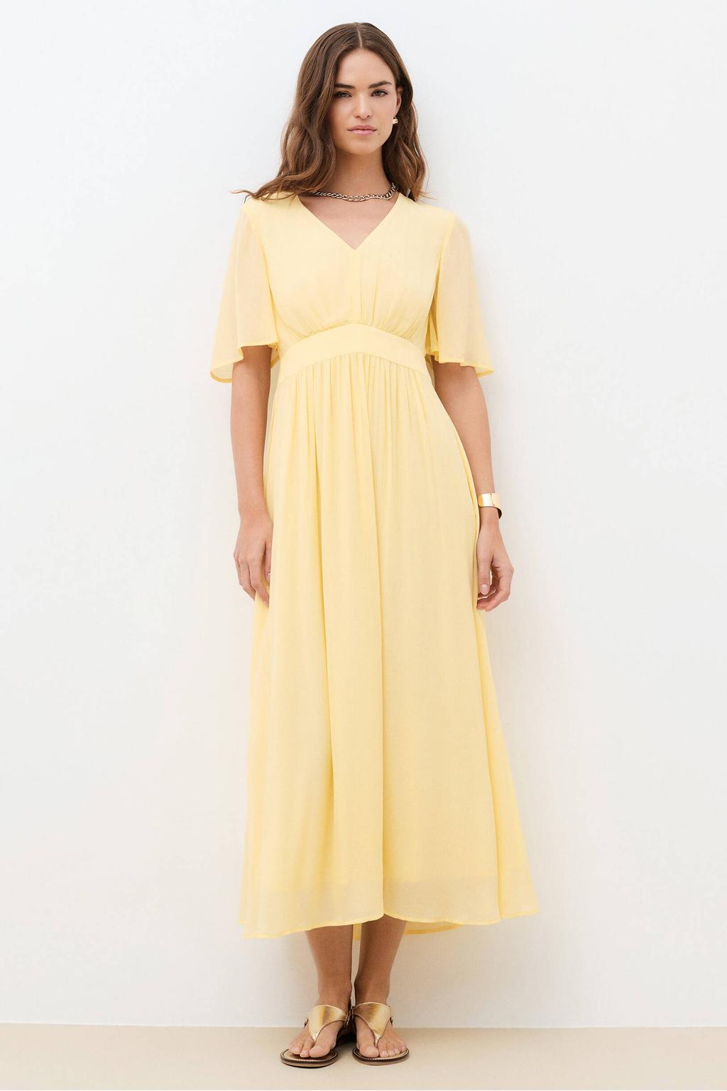 Lichtgele dames Caroll midi jurk van viscose met effen, half lange mouwen, V-hals, knoopsluiting en plooien