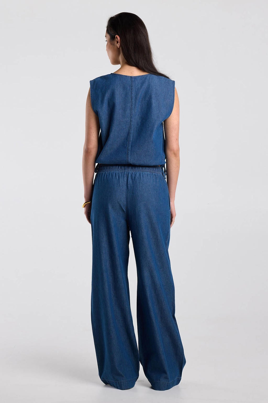 Blauwe dames America Today top van denim met effen en ronde hals