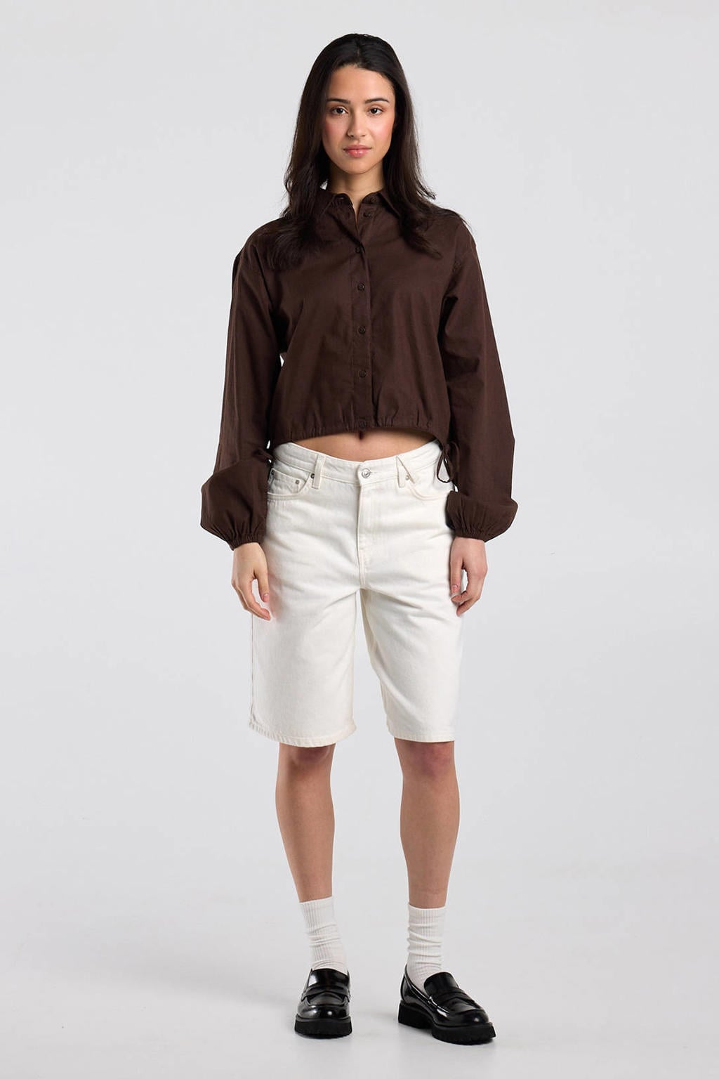 Bruine dames America Today blouse van katoen met effen, lange mouwen, klassieke kraag en knoopsluiting