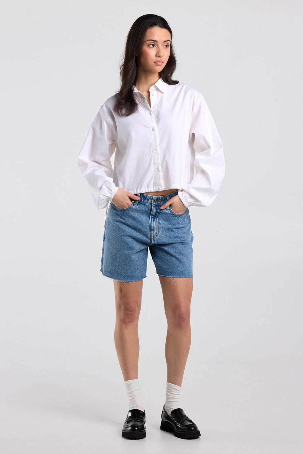 Ecru dames America Today blouse van katoen met effen, lange mouwen, klassieke kraag en knoopsluiting