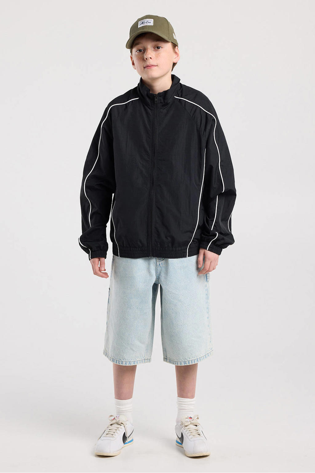 Zwarte jongens America Today zomerjas van polyester met effen, lange mouwen, opstaande kraag, ritssluiting en contrast stiksels