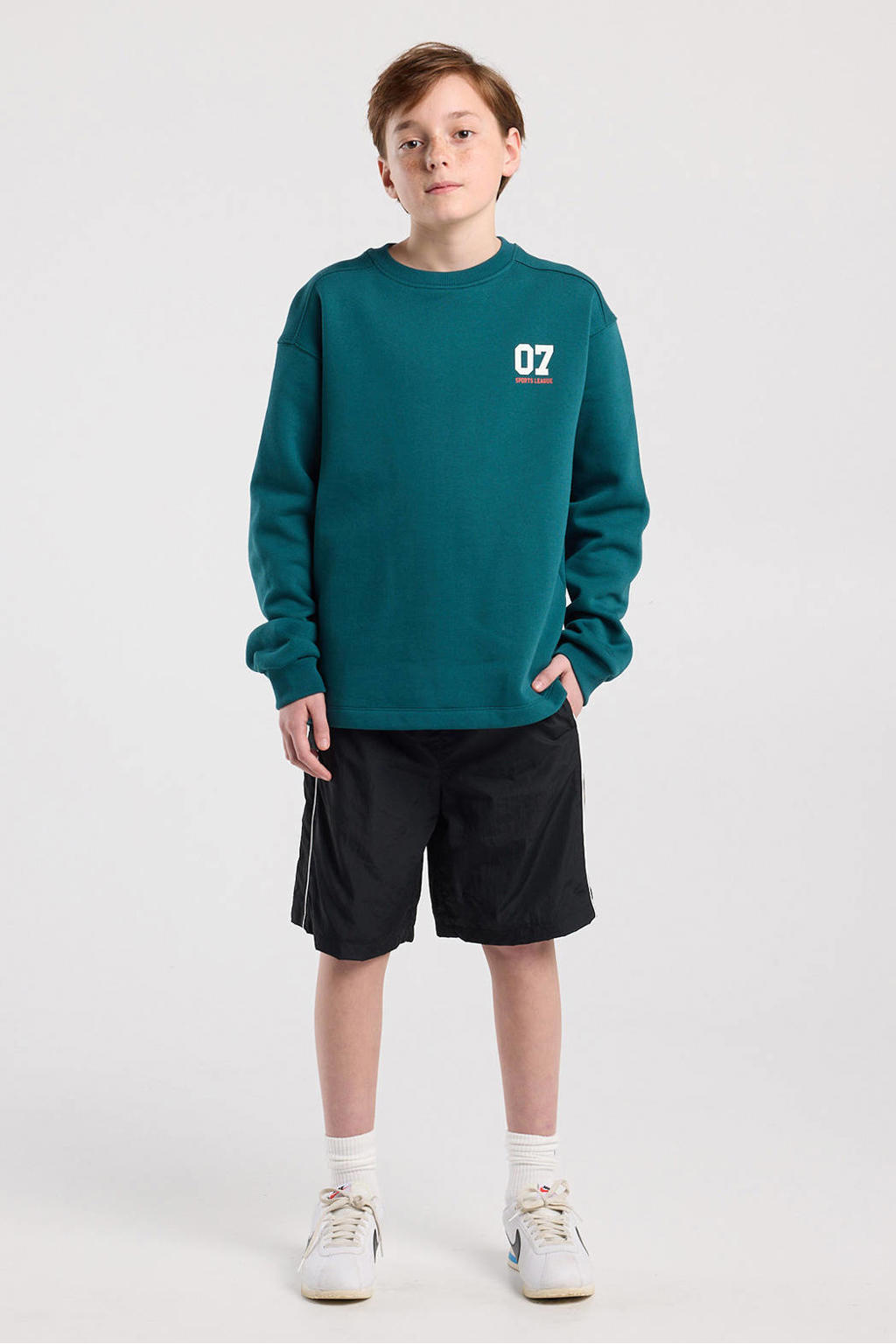 Petrolkleurige jongens America Today sweater met backprint, lange mouwen, ronde hals en geribde boorden
