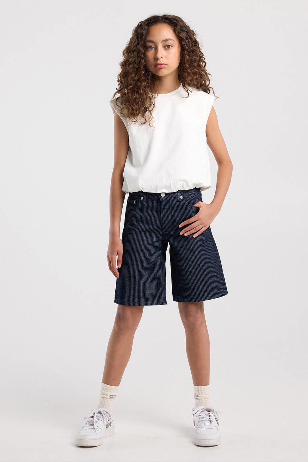 Dark blue denim meisjes America Today gestreepte short dark blue van denim met rits- en knoopsluiting