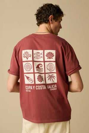 regular T-shirt met backprint donkerrood