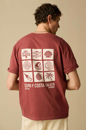 regular T-shirt met backprint donkerrood