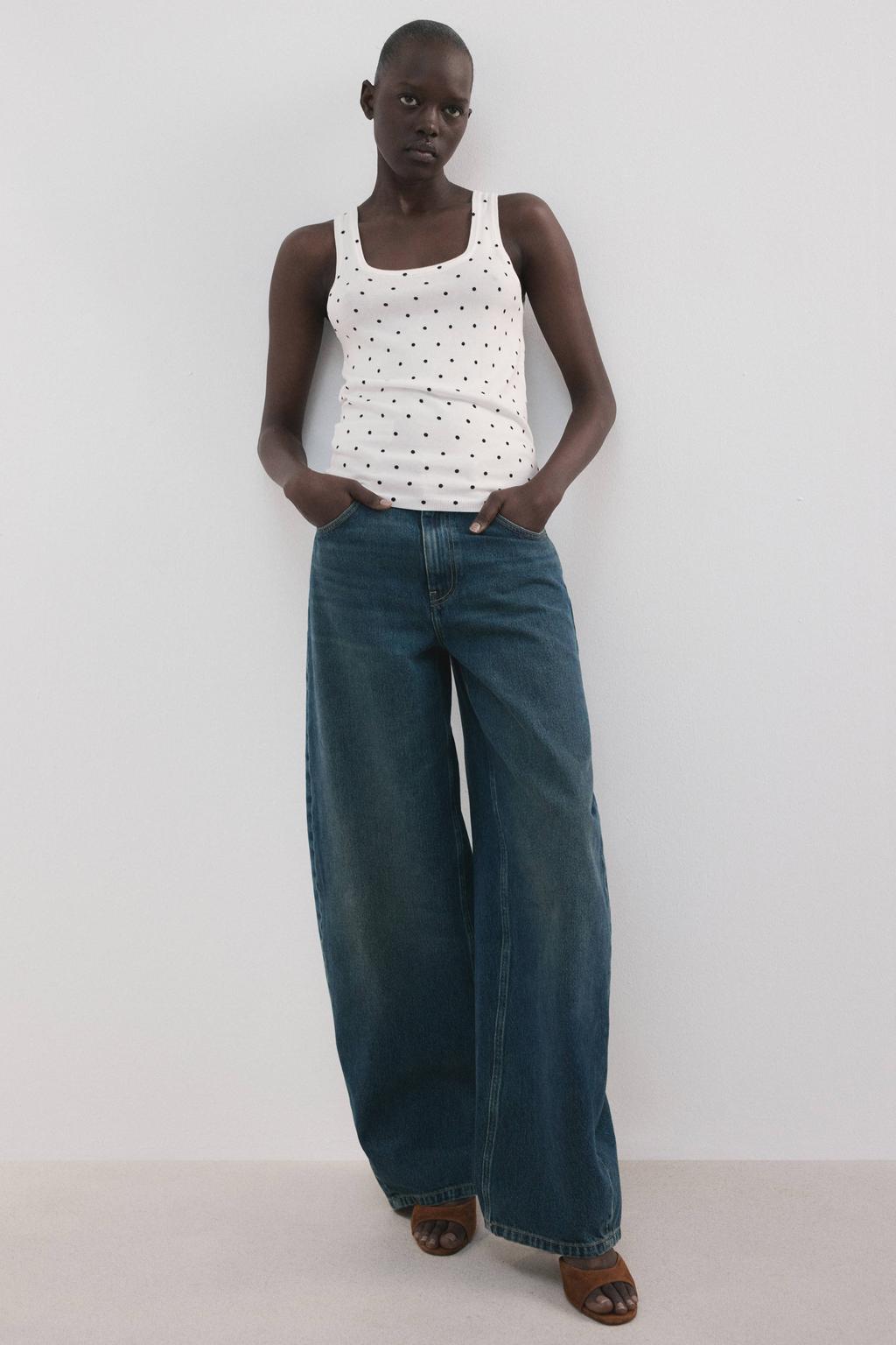 Ecru en zwarte dames Mango tanktop van katoen met stippenprint en ronde hals