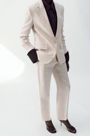 straight regular waist broek met linnen beige
