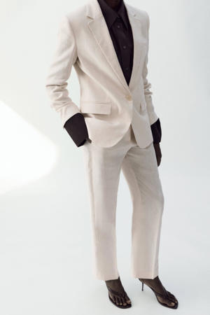 straight regular waist broek met linnen beige