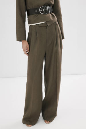 wide leg regular waist pantalon met linnen kaki