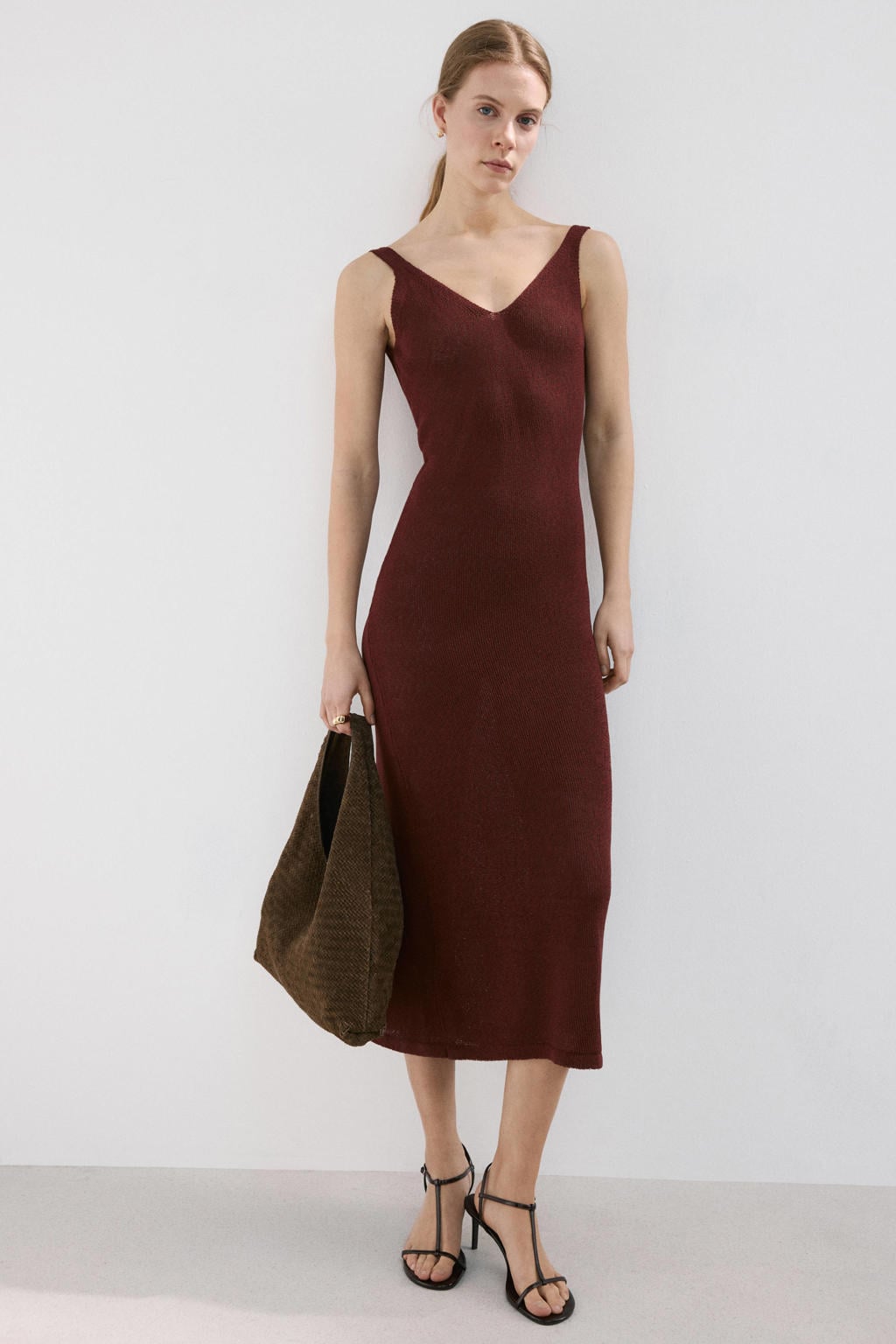 Donkerrode dames Mango midi jurk van acryl met effen, V-hals en open rug