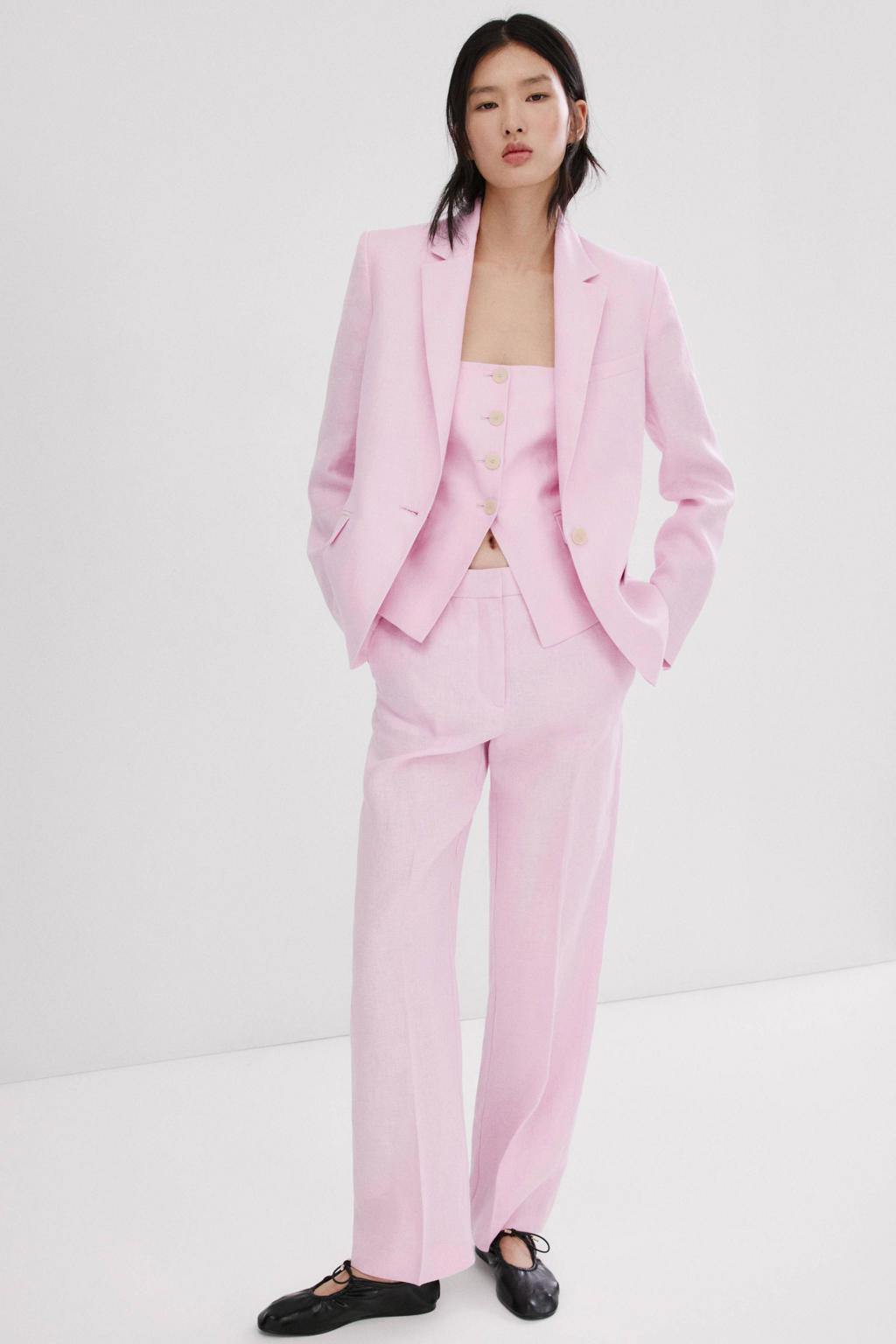 Lichtroze dames Mango getailleerde blazer van linnen met effen, lange mouwen, reverskraag, knoopsluiting en split