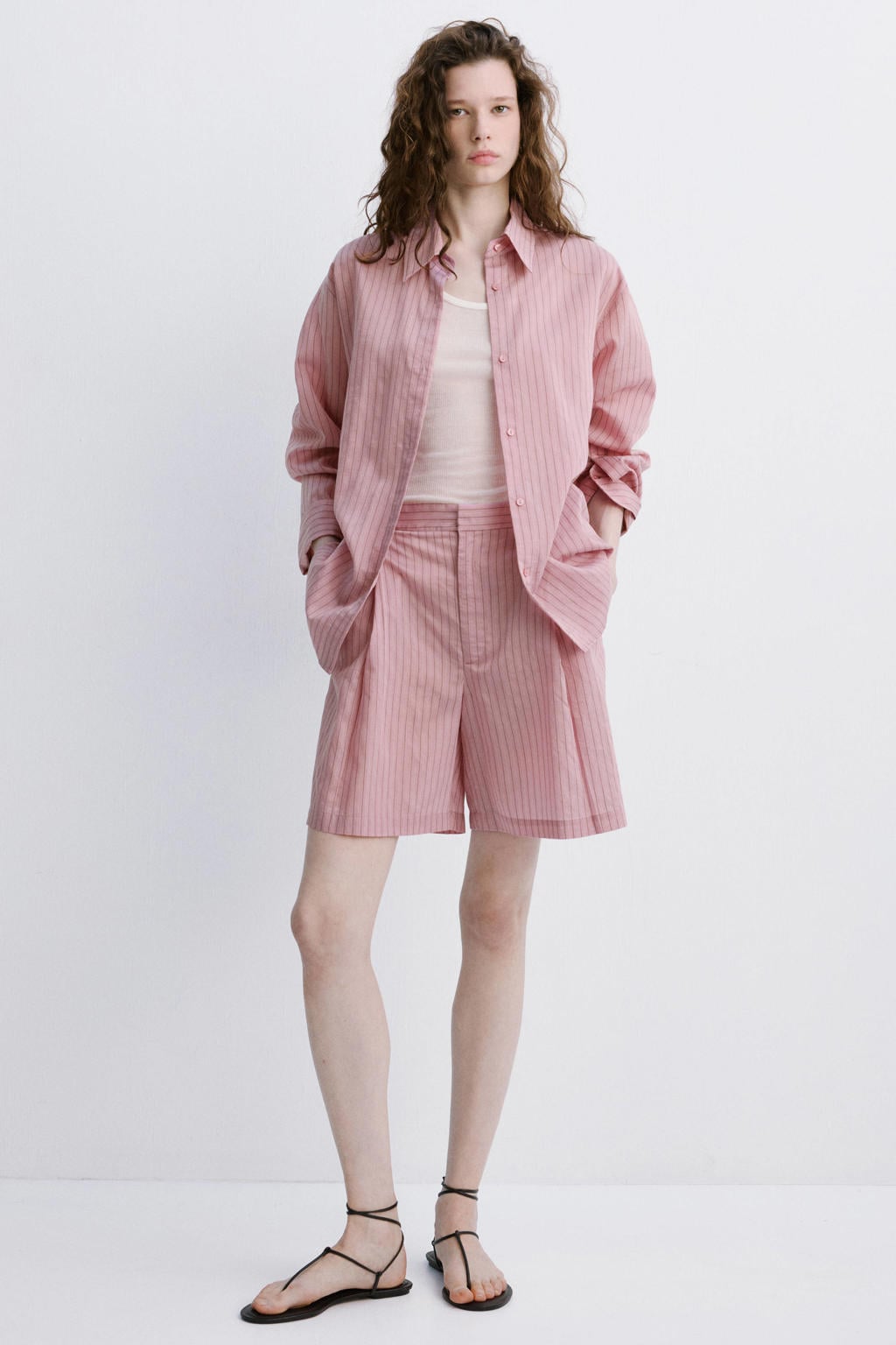 Roze dames Mango high waist bermuda short van lyocell met loose fit, rits- en haaksluiting en krijtstreepprint