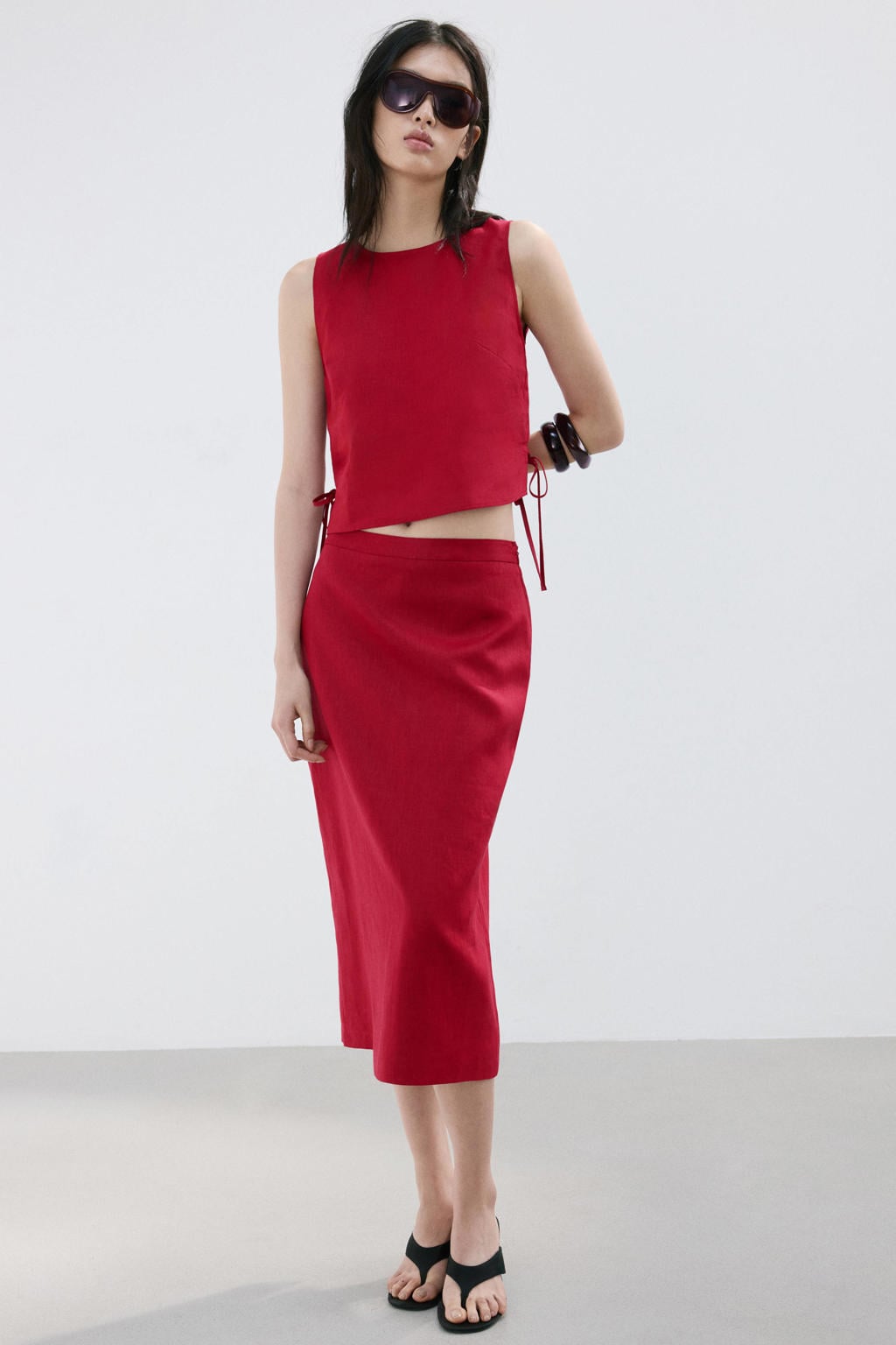 Rode dames Mango cropped top van linnen met effen, ronde hals en strikje