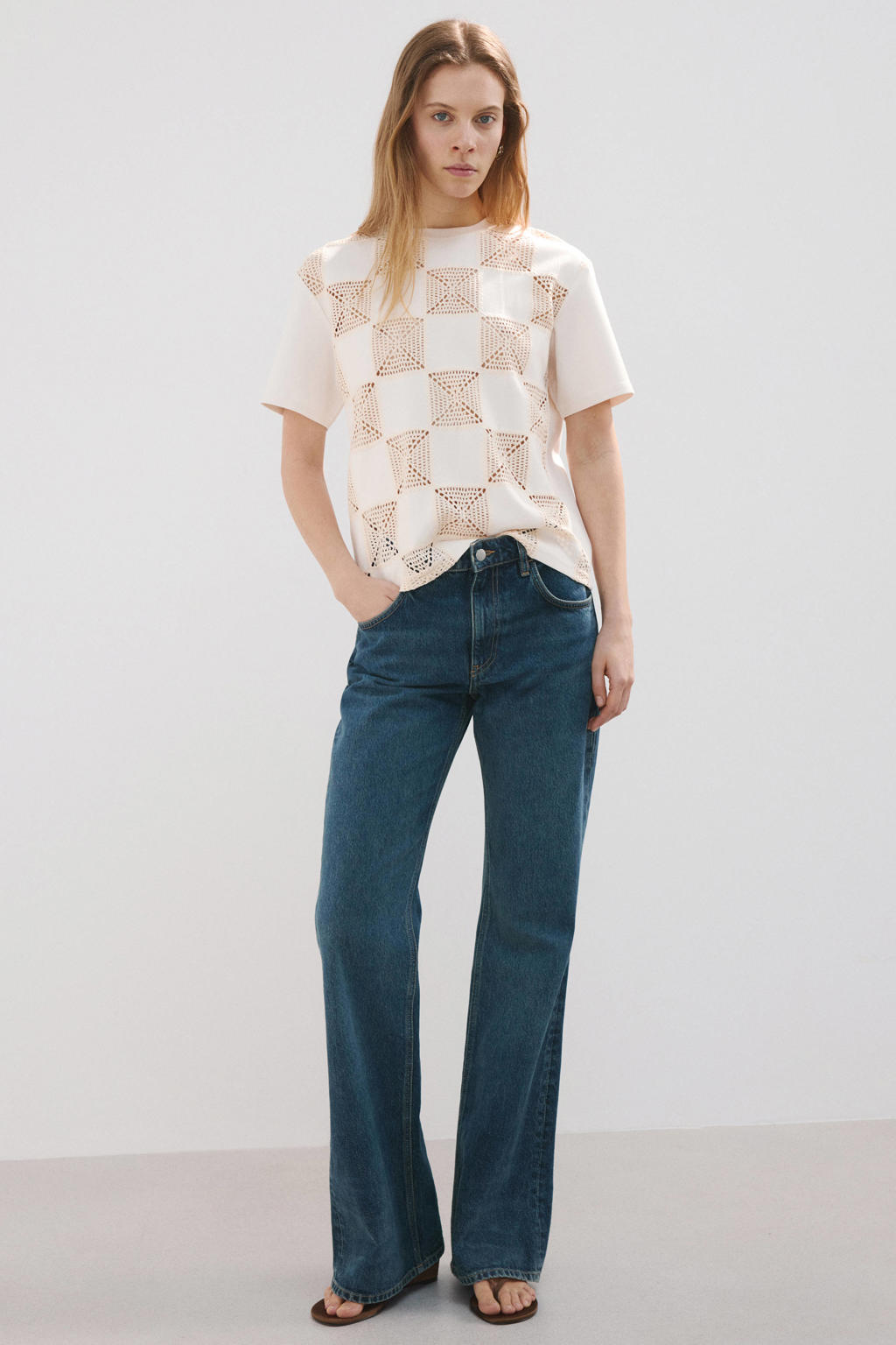 Ecru en beige dames Mango T-shirt crochet van viscose met effen, korte mouwen en ronde hals