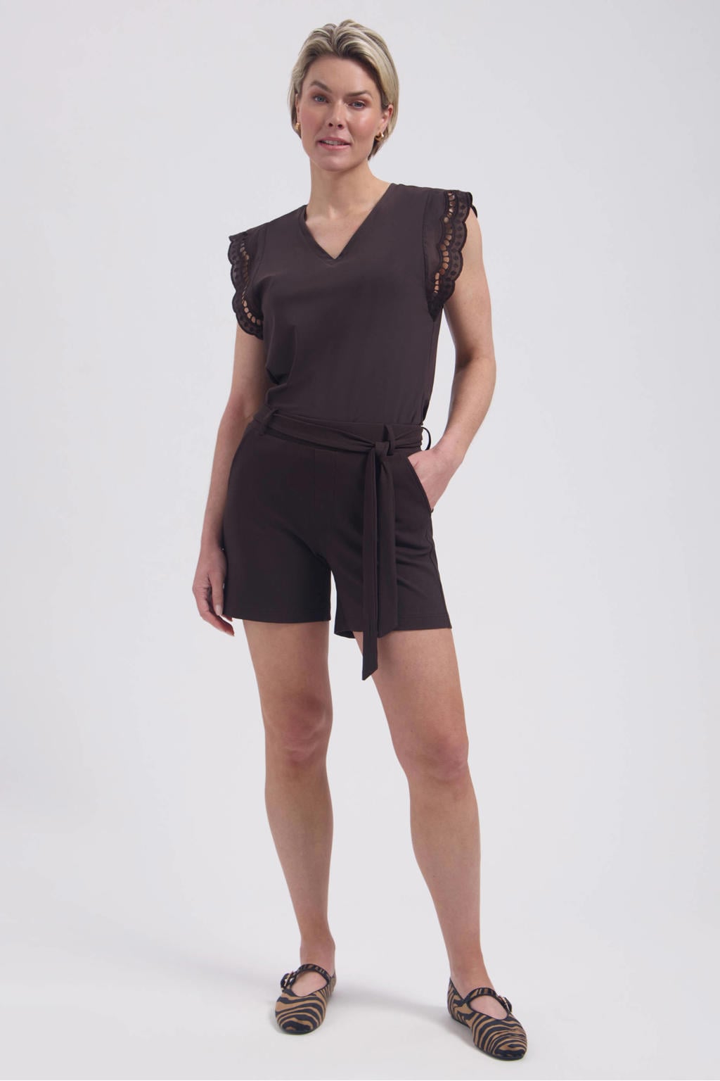 Donkerblauwe dames Lady Day top broderie van polyamide met effen, korte mouwen en V-hals