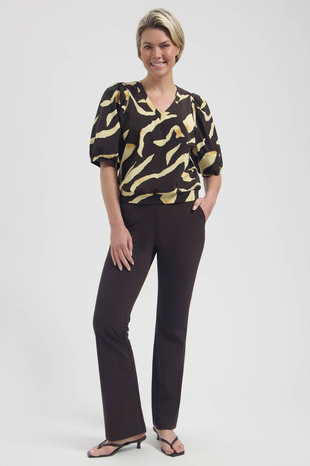 Zwart en beige dames Lady Day top van polyamide met dierenprint, half lange mouwen, V-hals en elastische boord