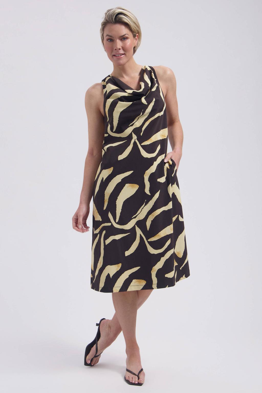 Zwart en beige dames Lady Day zomerjurk van polyamide met dierenprint en watervalhals