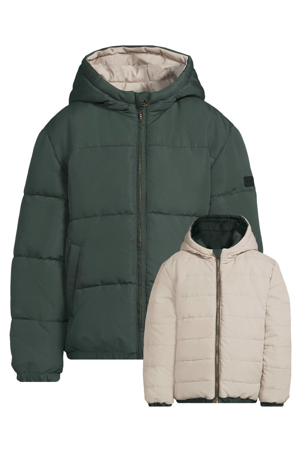 Groene jongens Orange Stars winterjas van polyester met effen, lange mouwen, capuchon, ritssluiting en reversible detail