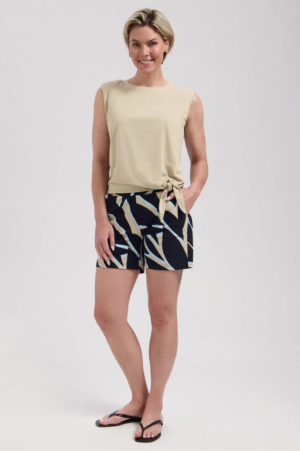 Zwart en beige dames Lady Day travelstof regular high waist casual short met elastische tailleband
